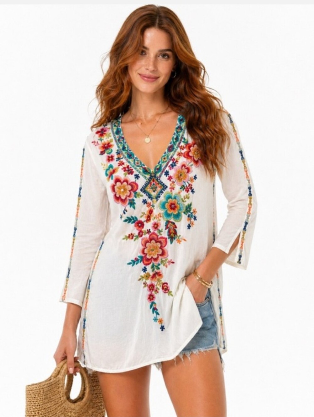 Johnny Was Ivory And Colorful Floral Embroidered V-Neck Tunic Size Medium